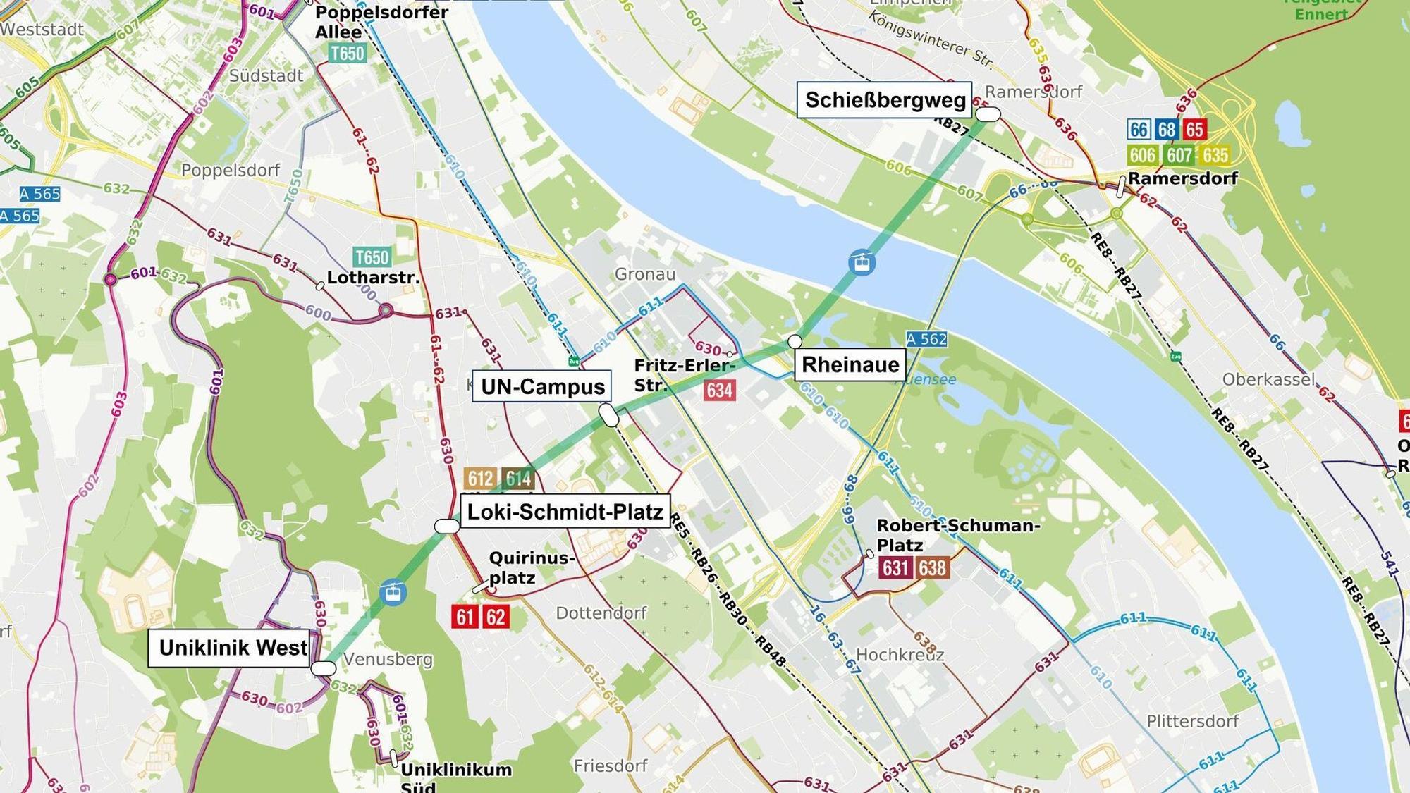 Eine Karte zeigt die geplante Trasse für das Seilbahnprojekt in Bonn.