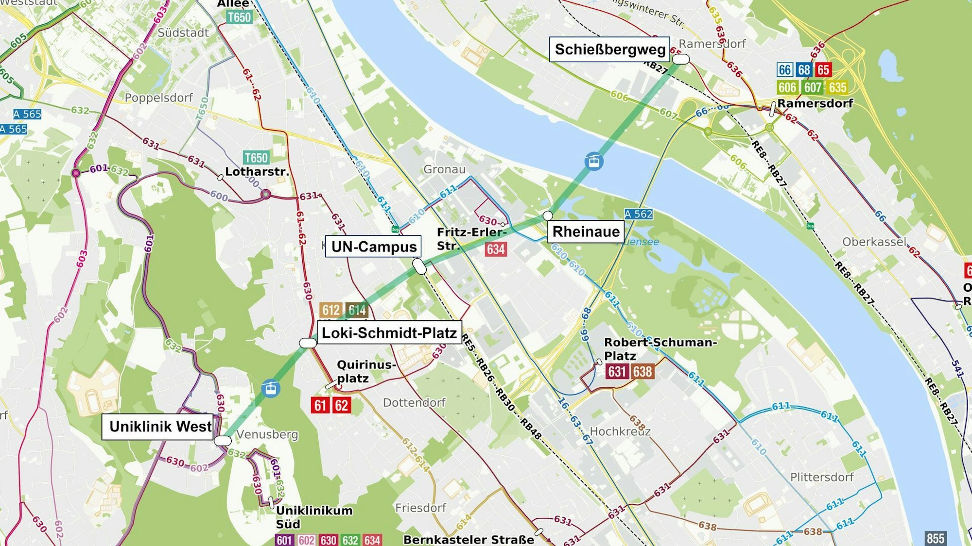 Der Trassenverlauf wird schematisch auf der Stadtkarte Bonn dargestellt und velräuft vom Venusberg ins Tal, über den Rhein nach Ramersdorf.