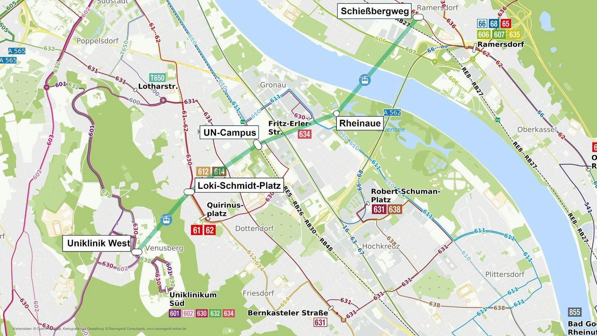 Die Trasse für das Seilbahnprojekt in Bonn in einer schematischen Darstellung mit Haltepunkten.
