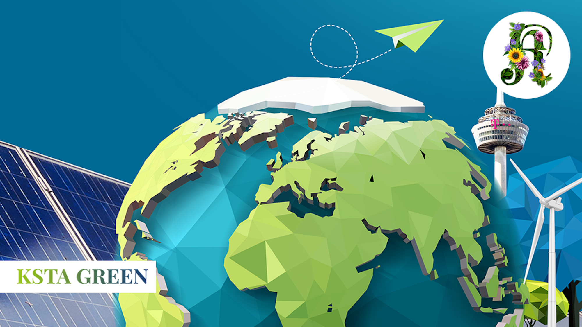 Eine Erdkugel dreht sich vor blauem Hintergrund, dahinter und daneben sind Solarpanels, ein Windrad, ein Papierflieger und der Fernsehturm zu sehen. Im Vordergrund die Logos von KStA Green und „Kölner Stadt-Anzeiger“.