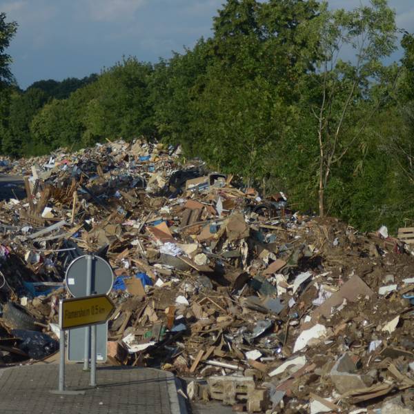 Große Mengen von Flutsperrmüll liegen auf einer von Bäumen gesäumten Straße.