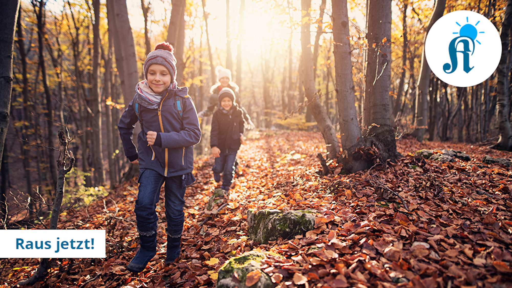 Kinder laufen durch einen sonnigen Herbstwald mit Laub.
