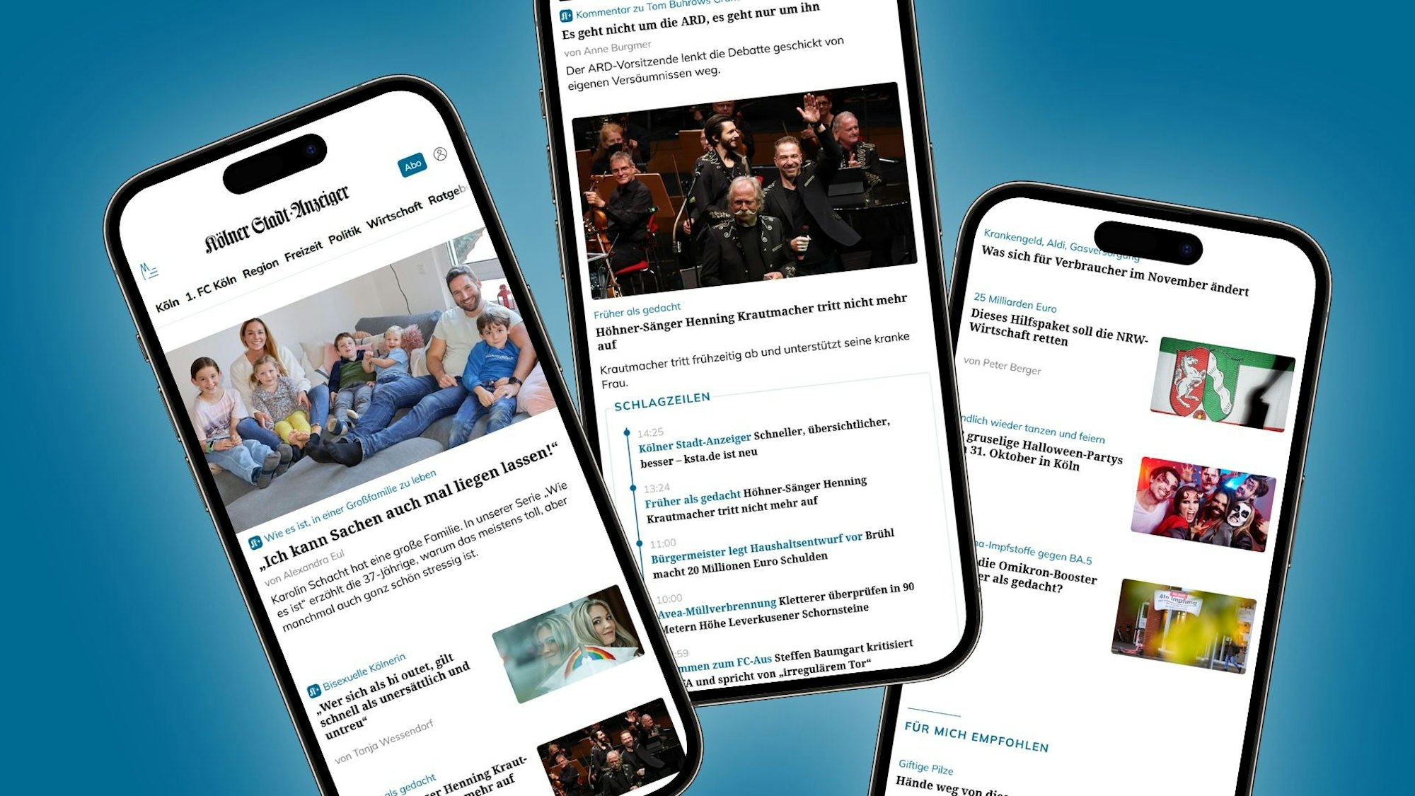 Drei iPhone 14 zeigen die Webseite de Kölner Stadt-Anzeiger, jedes Telefon ein anderes Segment der Seite.