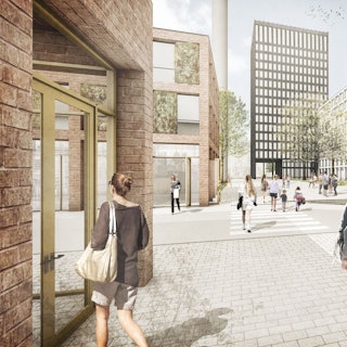 Eine Computer-Visualisierung zeigt einen begrünten Innenhof zwischen Hochhäusern, über den Passanten spazieren.