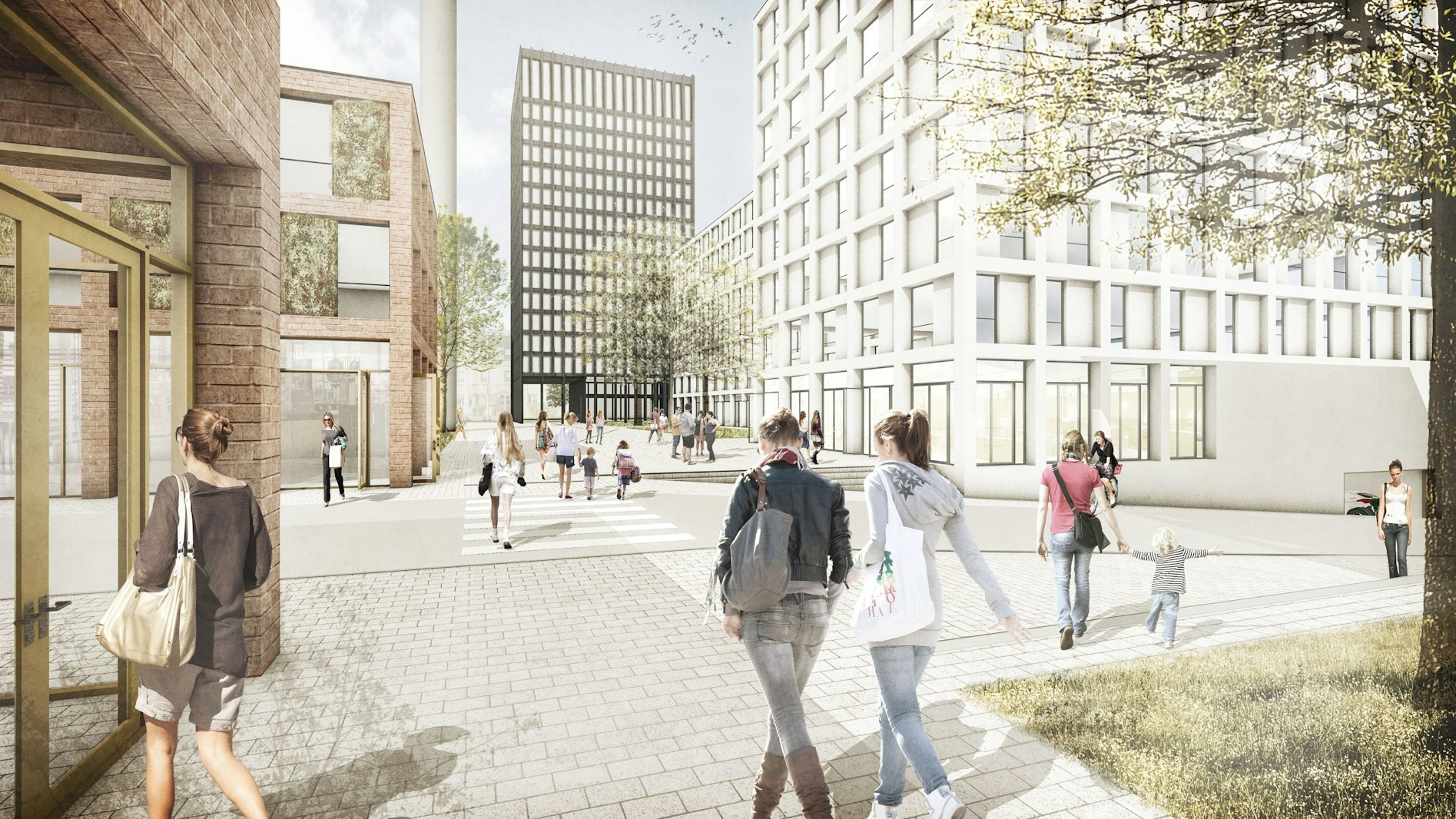 Eine Computer-Visualisierung zeigt einen begrünten Innenhof zwischen Hochhäusern, über den Passanten spazieren.