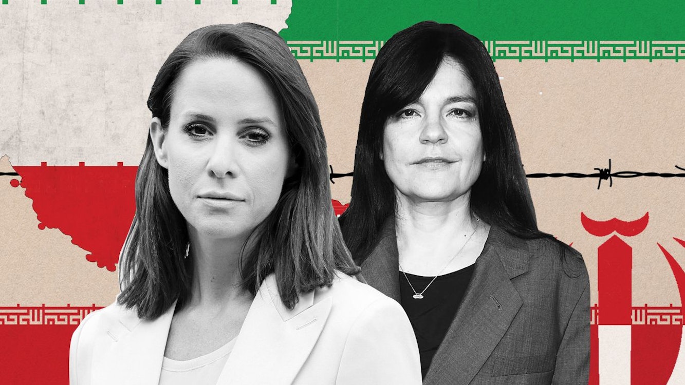 Bildkombination vor iranischer Flagge und Stacheldraht: Schauspielerin Jasmin Tabatabai und Journalistin Natalie Amiri    über die Proteste im Iran und die Brutalität des Mullah-Regimes