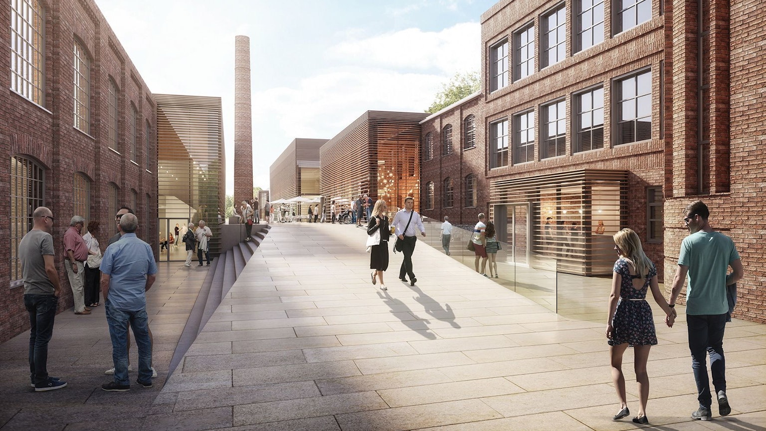 Eine Grafik zeigt einen Entwurf für die alte Bücherfabrik Engelskirchen-Ründeroth. Menschen laufen über eine Brücke, im Hintergrund ist eine Treppe zu sehen.