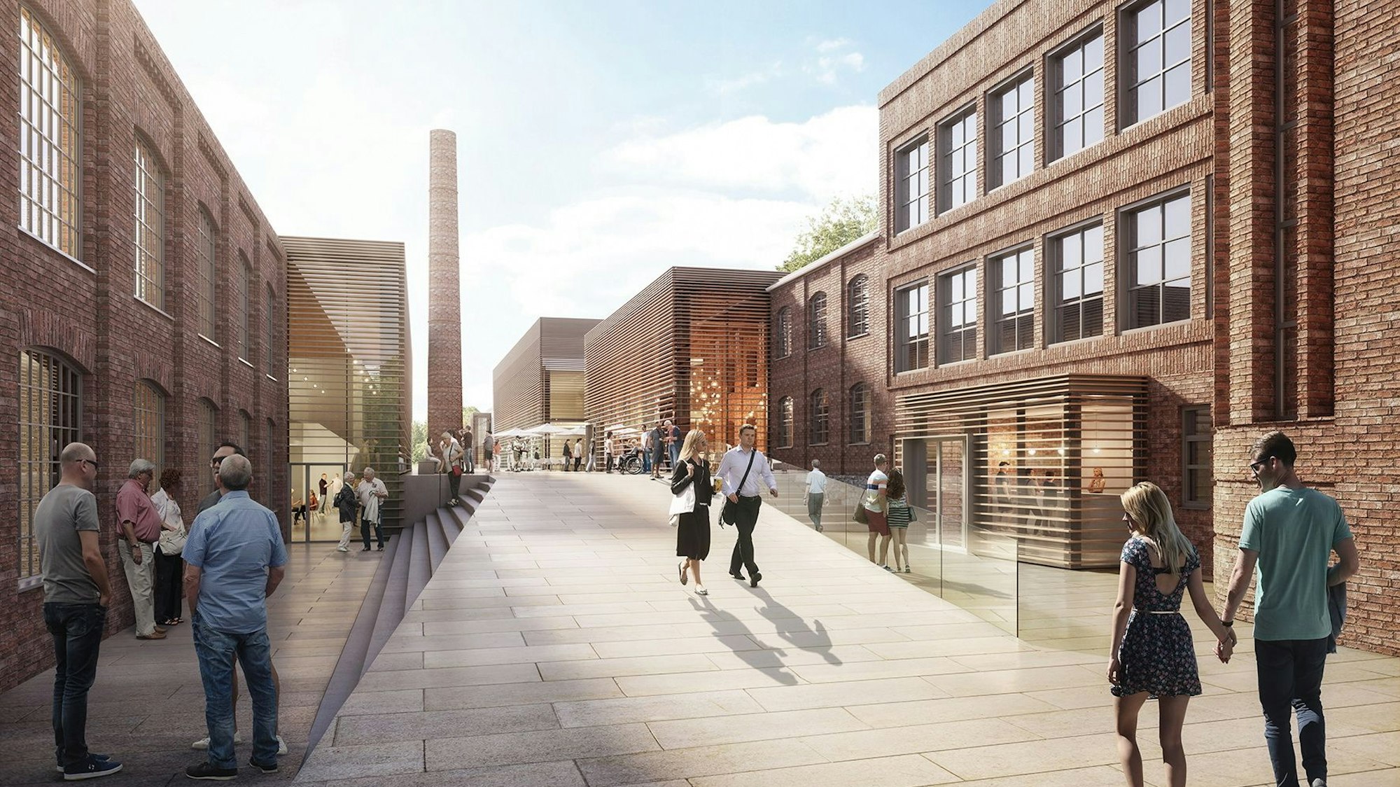 Eine Grafik zeigt einen Entwurf für die alte Bücherfabrik Engelskirchen-Ründeroth. Menschen laufen über eine Brücke, im Hintergrund ist eine Treppe zu sehen.