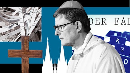 Bildkombination: Kardinal Wolki und der Fall Pilz - Kreuz, Porträt Kardinal Rainer Woelkis, Aktenreiter, geschredderte Akten, Kölner Dom