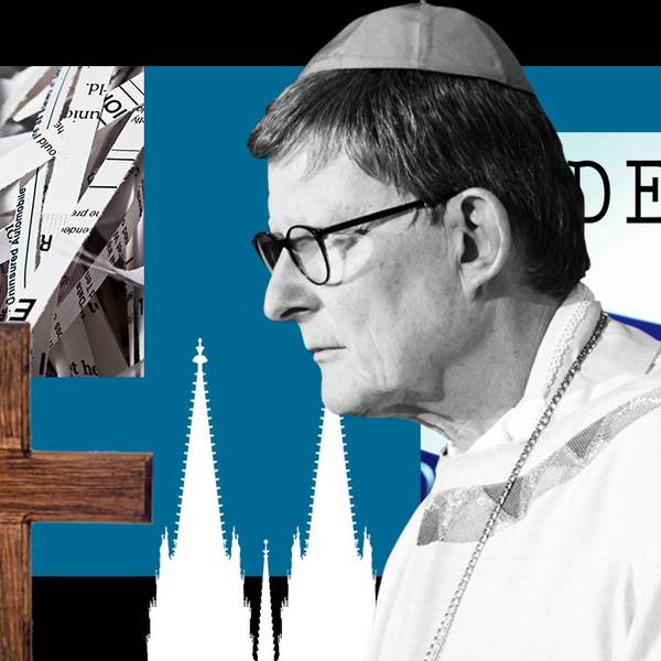 Bildkombination: Kardinal Wolki und der Fall Pilz - Kreuz, Porträt Kardinal Rainer Woelkis, Aktenreiter, geschredderte Akten, Kölner Dom