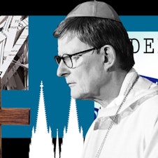 Bildkombination: Kardinal Wolki und der Fall Pilz - Kreuz, Porträt Kardinal Rainer Woelkis, Aktenreiter, geschredderte Akten, Kölner Dom