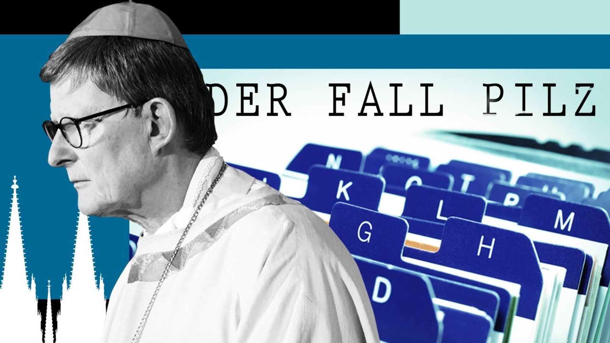 Bildkombination: Kardinal Wolki und der Fall Pilz - Kreuz, Porträt Kardinal Rainer Woelkis, Aktenreiter, geschredderte Akten, Kölner Dom