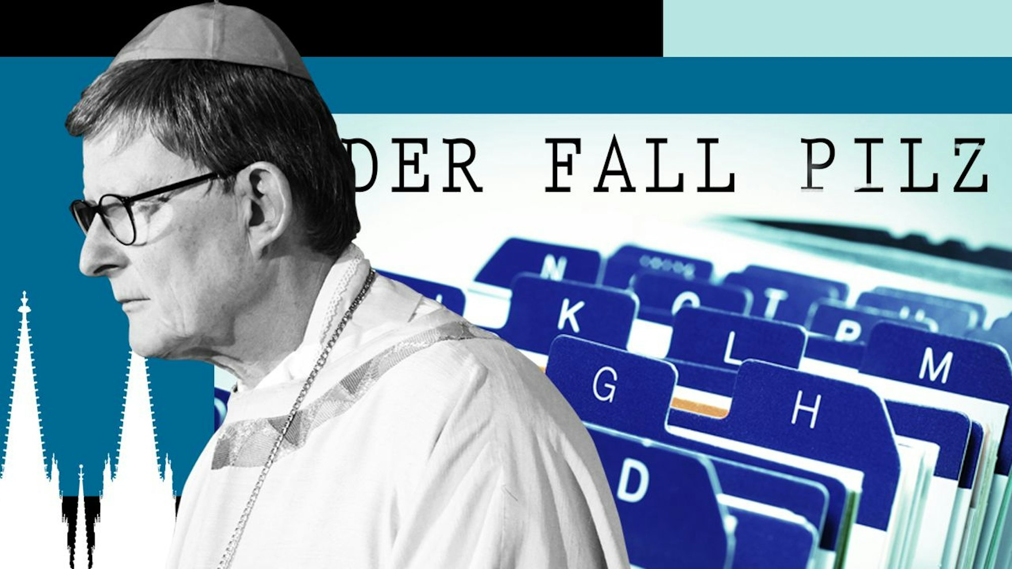 Bildkombination: Kardinal Wolki und der Fall Pilz - Kreuz, Porträt Kardinal Rainer Woelkis, Aktenreiter, geschredderte Akten, Kölner Dom