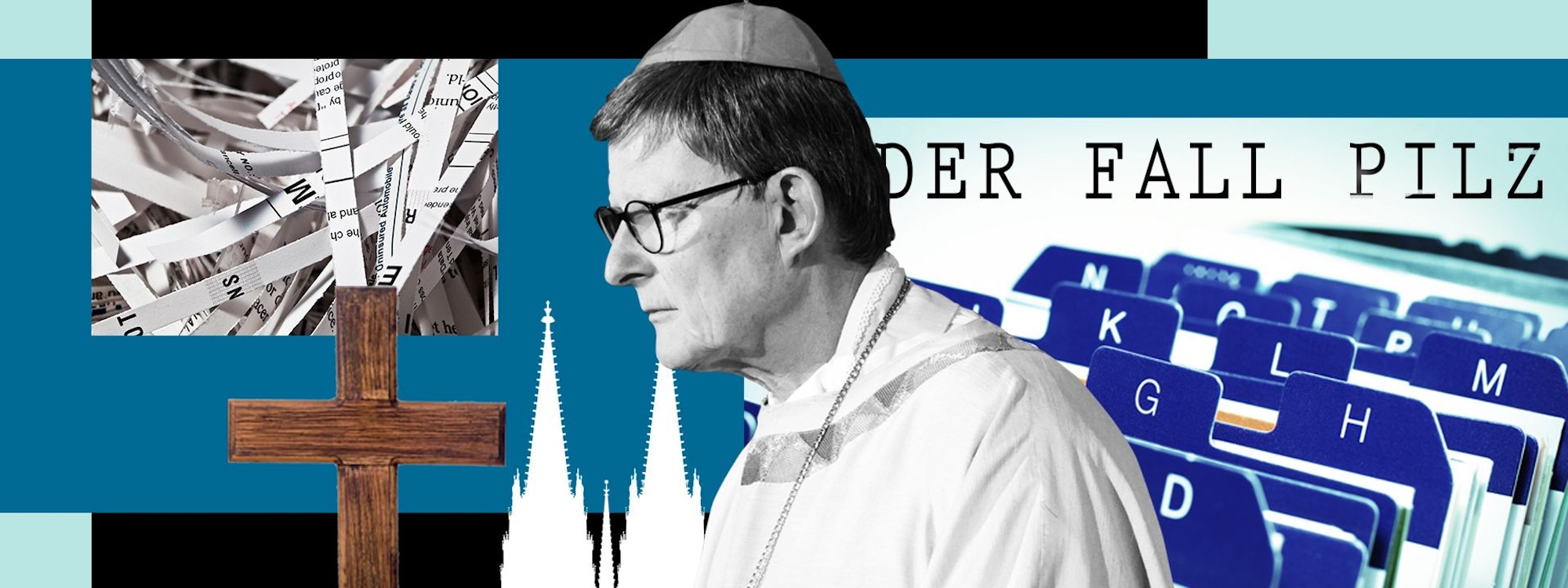 Eine Fotomontage zeigt im Bildmittelpunkt Kardinal Woelki, rechts von ihm Karteikarten, links ein Kreuz, die Spitzen des Kölner Doms sowie in Streifen geschreddertes Papier.