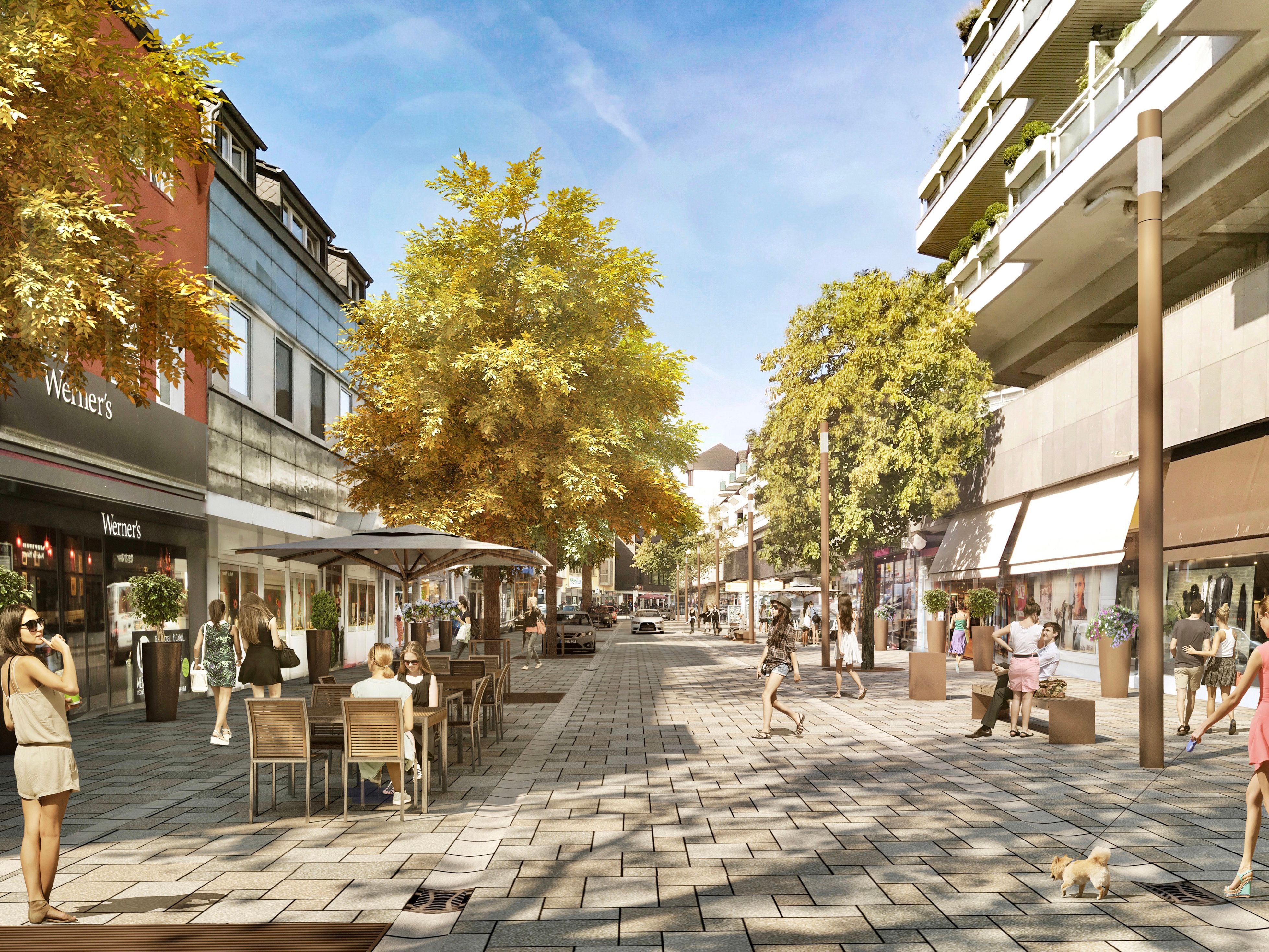 Eine Animation der Bensberger Schloßstraße zeigt, wie Menschen flanieren und in Gastro-Außenbereichen sitzen.