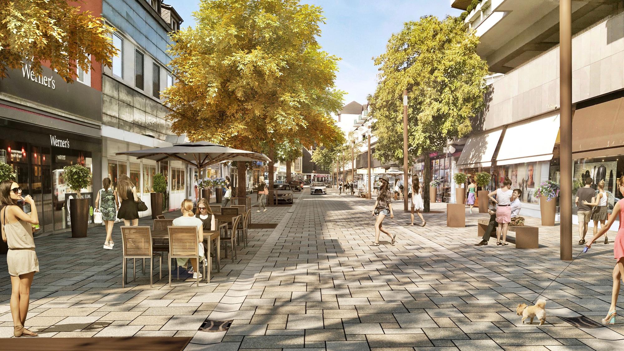 Eine Animation der Bensberger Schloßstraße zeigt, wie Menschen flanieren und in Gastro-Außenbereichen sitzen.