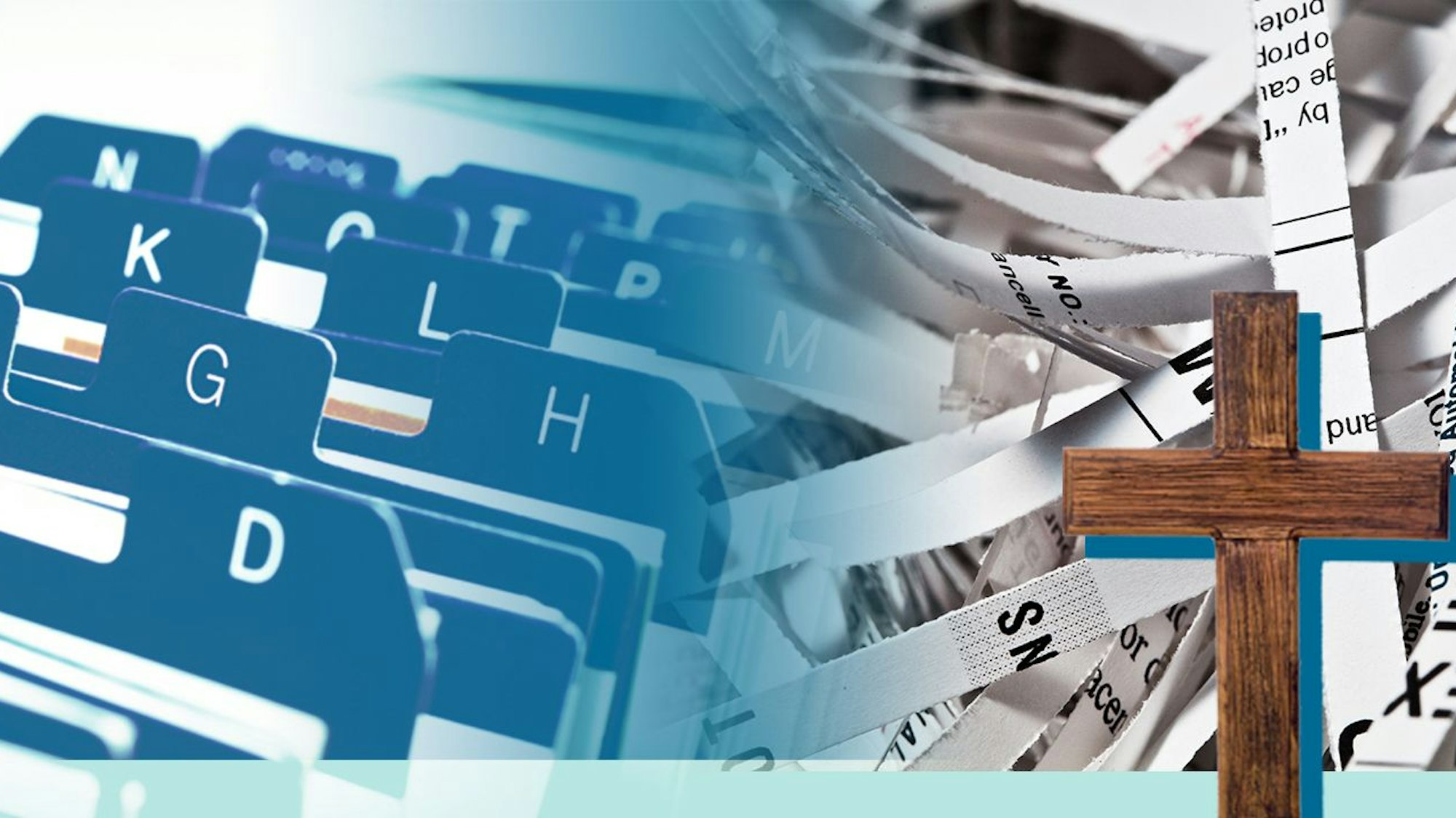 Bildkombination zum Missbrauchskandal im Erzbistum Köln: Akten mit Buchstabenreitern, geschredderte Dokumente und ein Kreuz