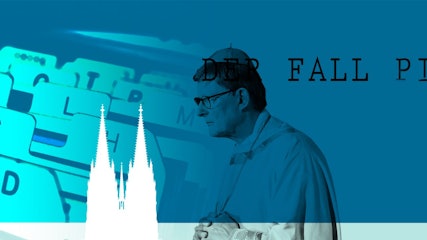Bildkombination um Kardinal Rainer Woelki, den Kölner Dom und Karteikarte