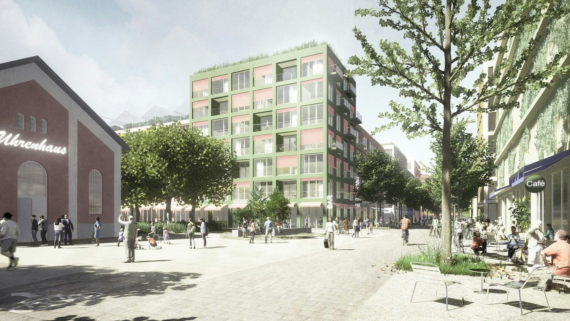 Die Visualisierung zeigt Gebäude im zukünftigen Wohnviertel auf dem Max-Becker-Areal.