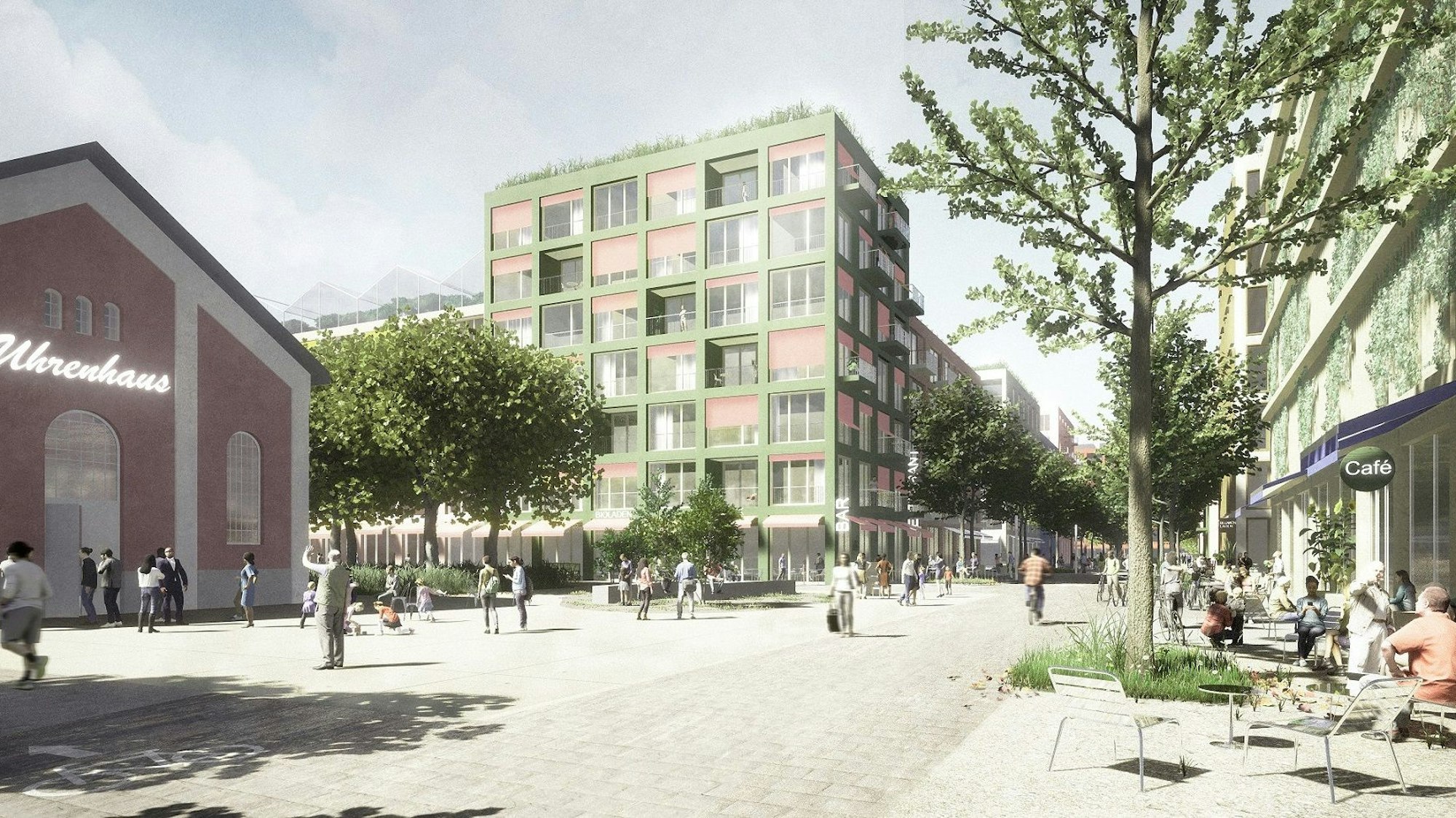 Die Visualisierung zeigt Gebäude im zukünftigen Wohnviertel auf dem Max-Becker-Areal.