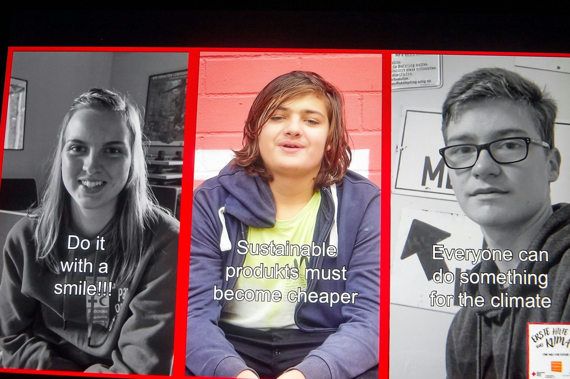 Eine Szene aus dem Film zeigt drei Jugendliche und darüber steht ein Zitat zum Thema Klima.