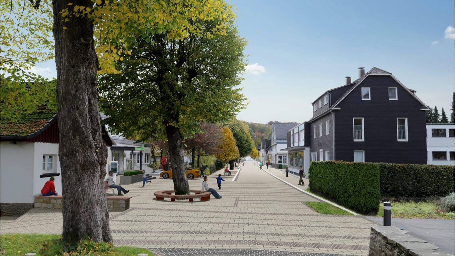 Eine Visualisierung zeigt eine gepflasterte Mühlenstraße mit Sitzbänken um einen Baum.