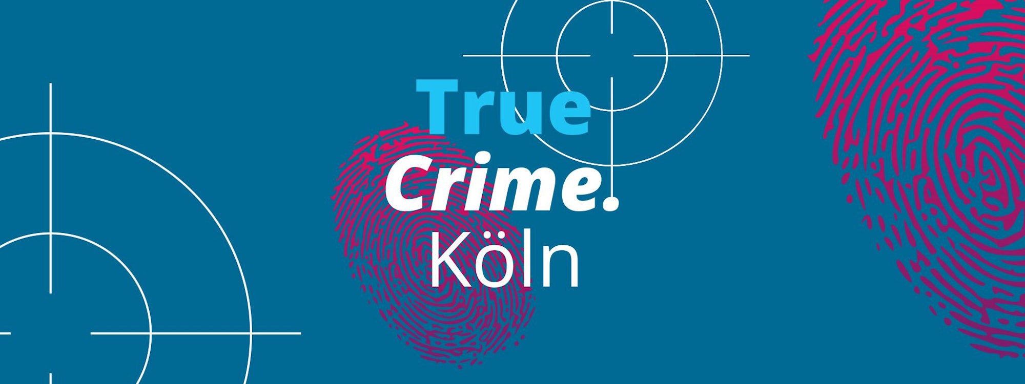 Ein magentafarbener Fingerabdruck auf blauem Hintergrund und der Aufschrift „True Crime Köln“.