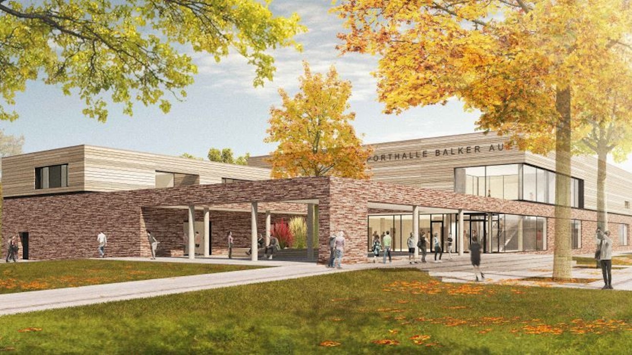 Ansicht des Neubaus der Sporthalle in der Balker Aue in Leichlingen