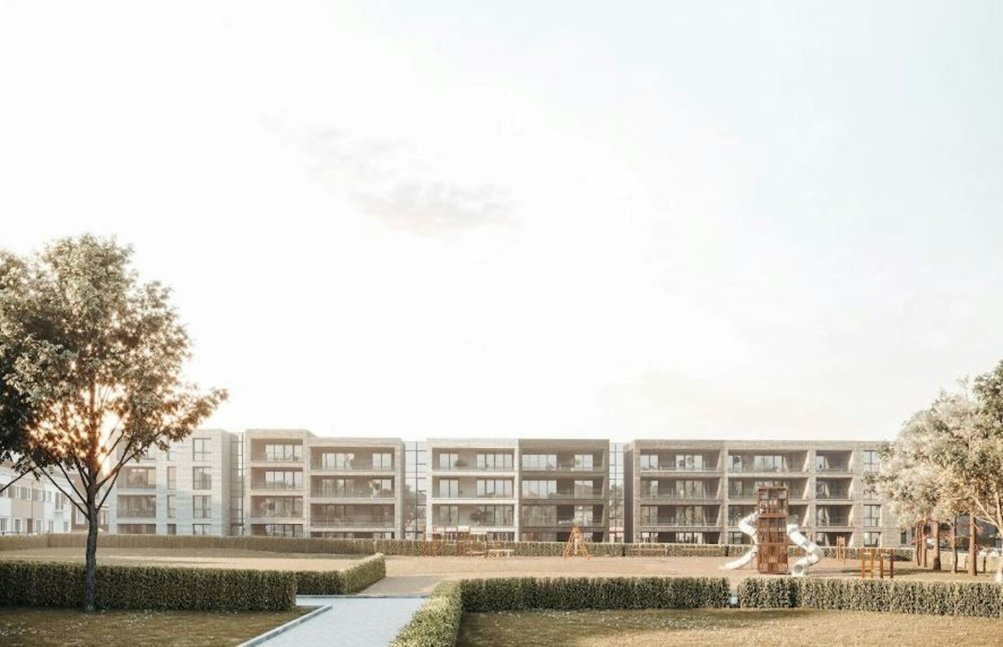 Stadtquartier 13 in Nordrhein Westfalen Bergisch Gladbach. Eine Wohnanlage mit Parkanlage und Spielplatz im Vordergrund.
