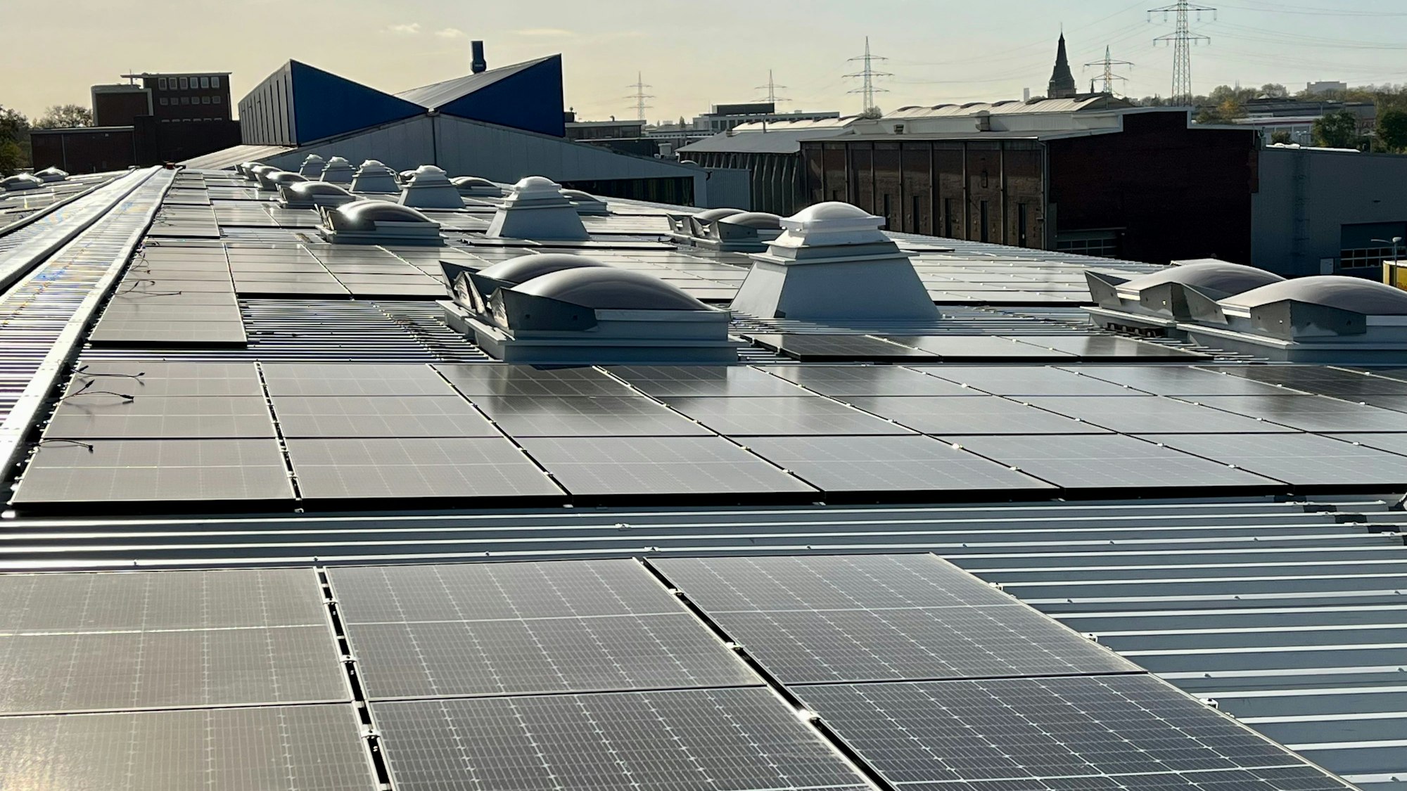 Die Photovoltaik-Anlage auf dem Dach des Kranbauers Depa im Innovationspark Leverkusen