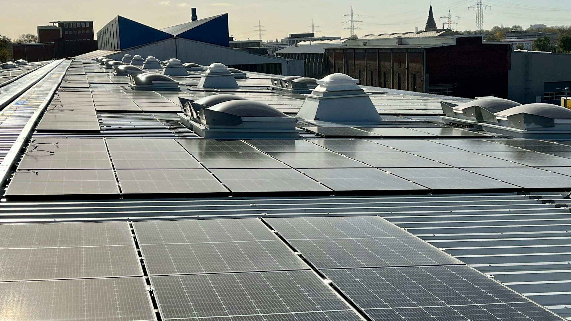 Ein Hallendach voller Solarmodule im Manforter Innovationspark. Der Kranbauer Depa setzt auf Photovoltaik.
