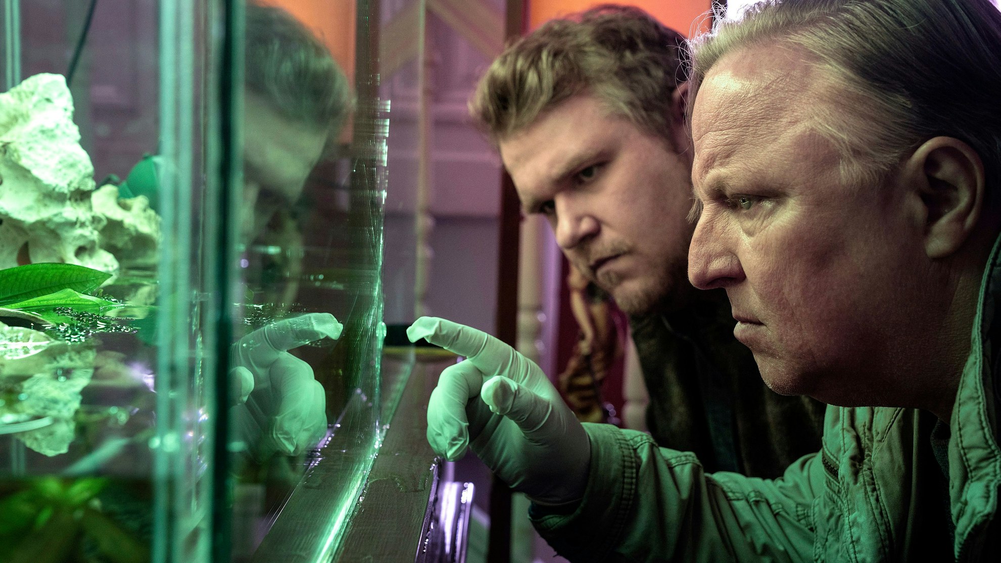 Spurensicherung am Tatort. In der Kanzlei des ermordeten Rechtsanwalts erkennt Kommissar Frank Thiel (Axel Prahl) (r.) und sein Assistent Mirko Schrader (Björn Meyer) (l.), dass auch das Aquarium in Mitleidenschaft gezogen wurde.