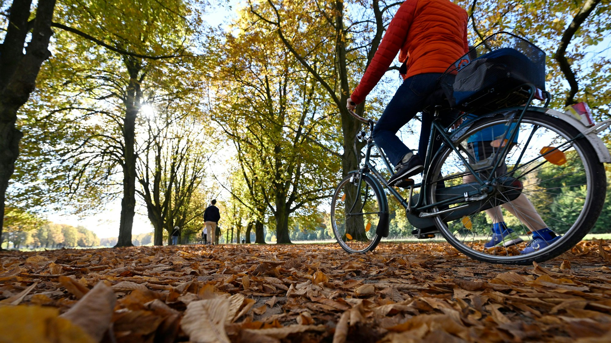 Spaziergänger und eine Radfahrerin nutzen den Sonnenschein für einen Aufenthalt im Kölner Grüngürtel am Decksteiner Weiher in Köln.