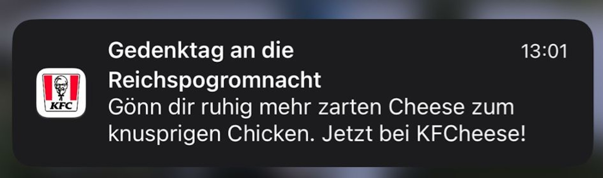 Das Bild zeigt die Push-Nachricht von KFC am 9. November, die für viel Kritik sorgte.