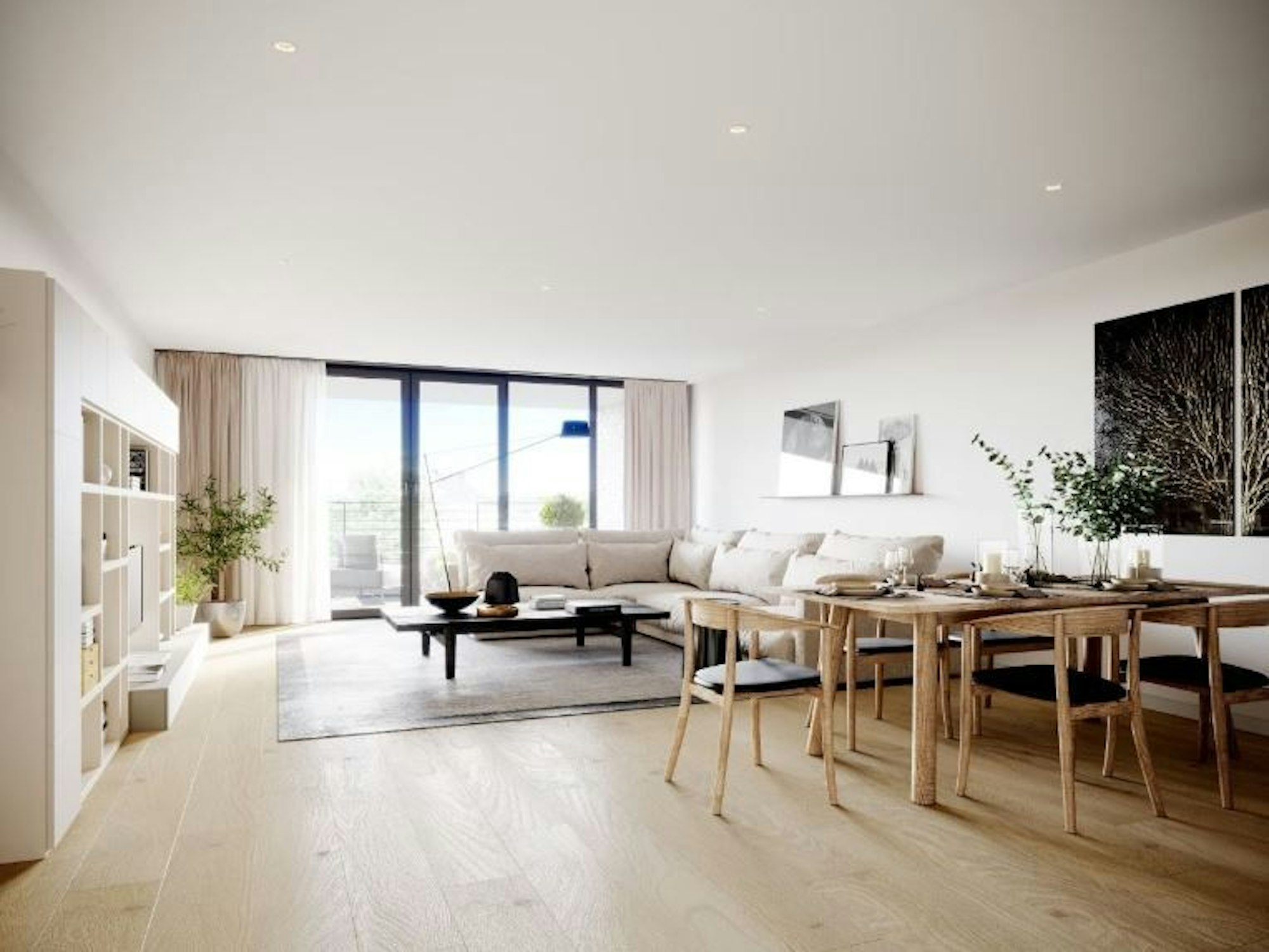 Stadtquartier 13 Wohnung in Bergisch Gladbach, Wohnzimmer mit Möbeln und Ausblick aus dem Fenster.