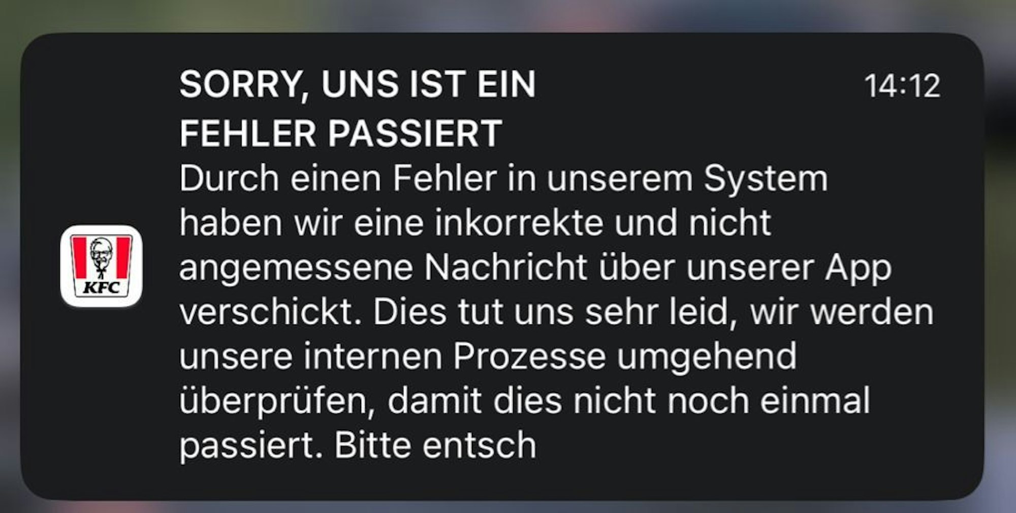Das Bild zeigt die Push-Nachricht von KFC am 9. November, in der sich das Unternehmen für den Fehler entschuldigt.