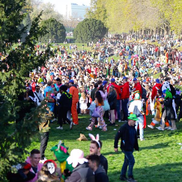 Hunderte verkleidete Menschen stehen am 11.11. auf den Kölner Uniwiesen.