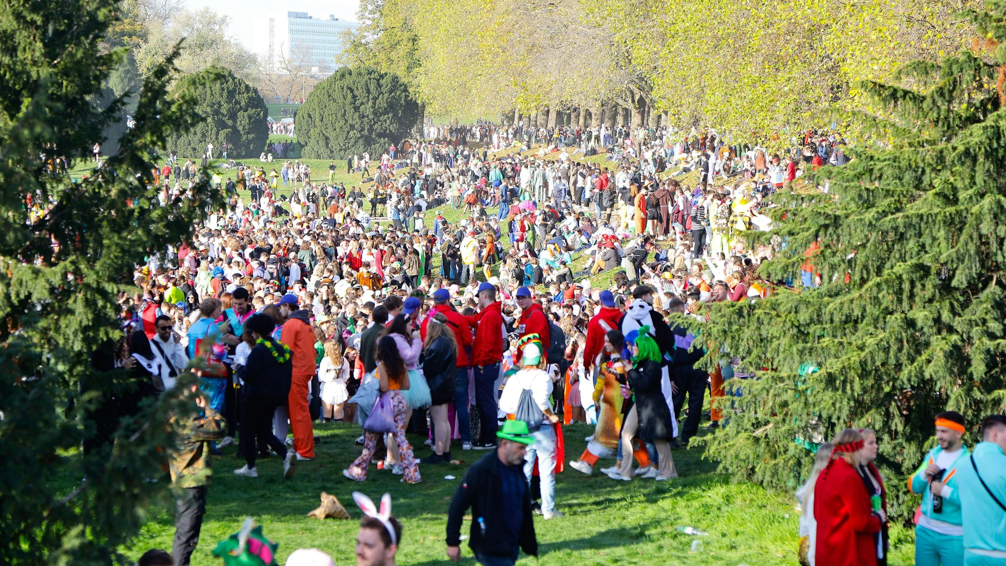 Viele verkleidete Karnevalisten feiern den 11.11. auf den Uniwiesen bei der Universität zu Köln.