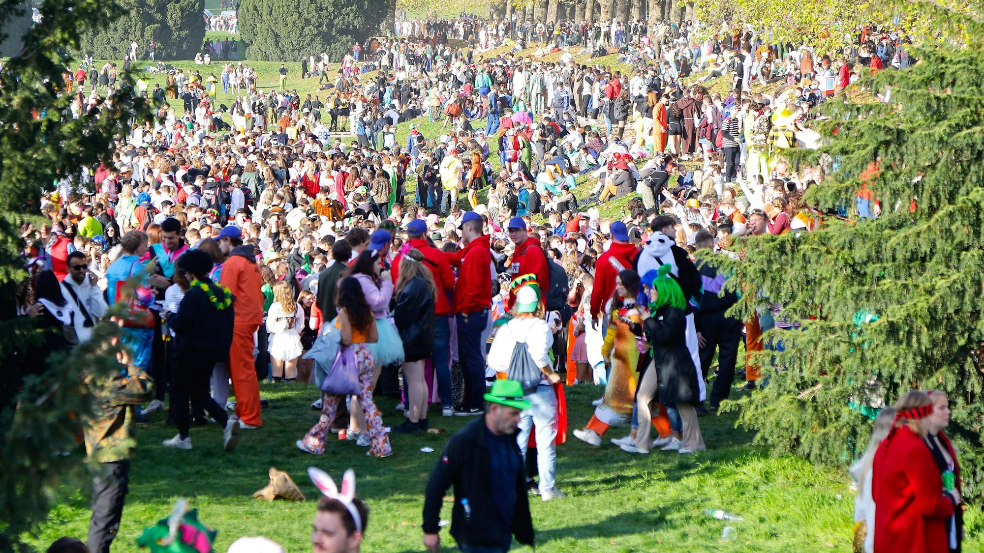 Hunderte verkleidete Menschen bevölkern am 11.11. die Wiesen des Inneren Gründgürtels.