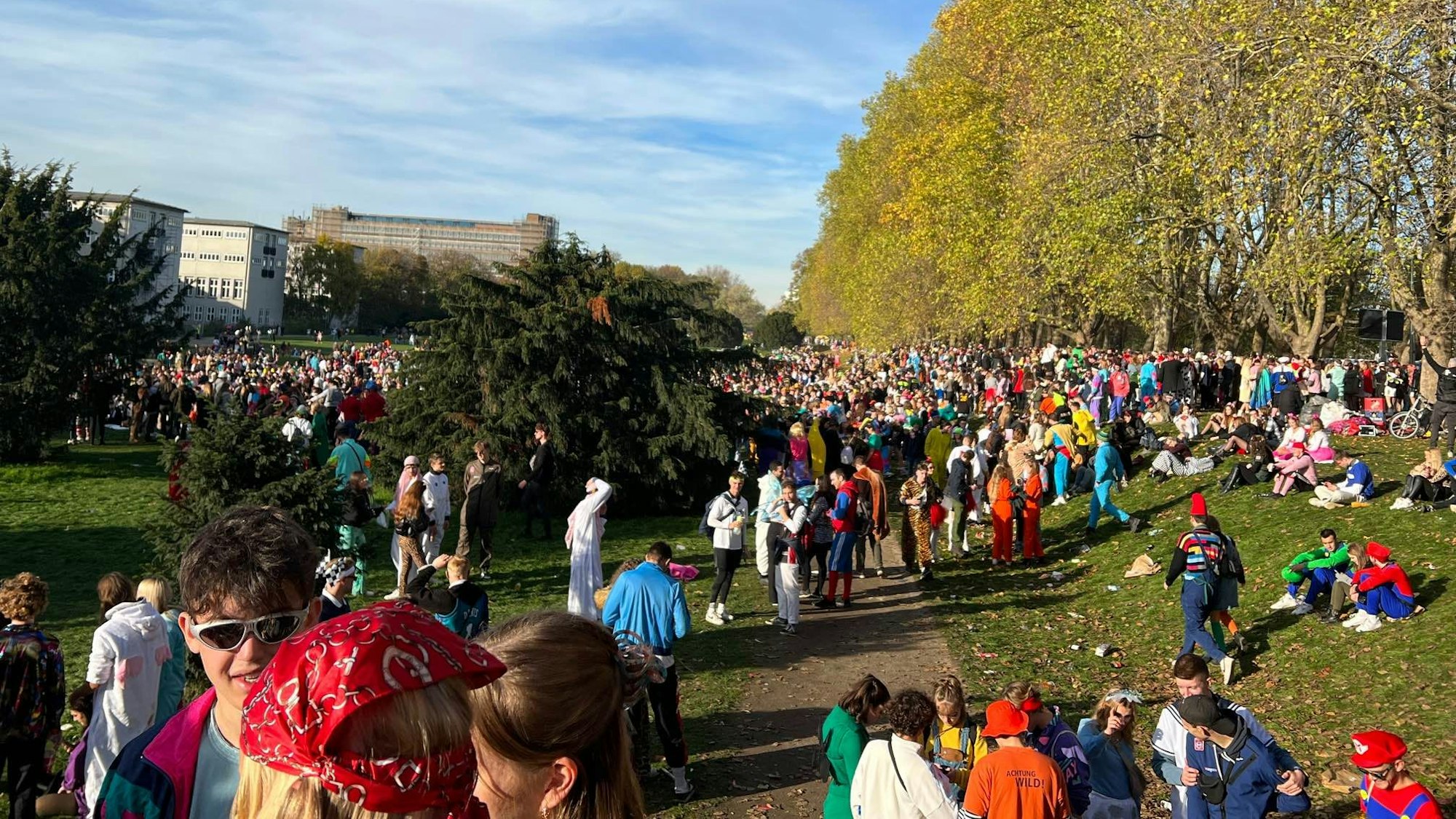 Tausende verkleidete Menschen sind auf einer großen Grünfläche unterwegs.