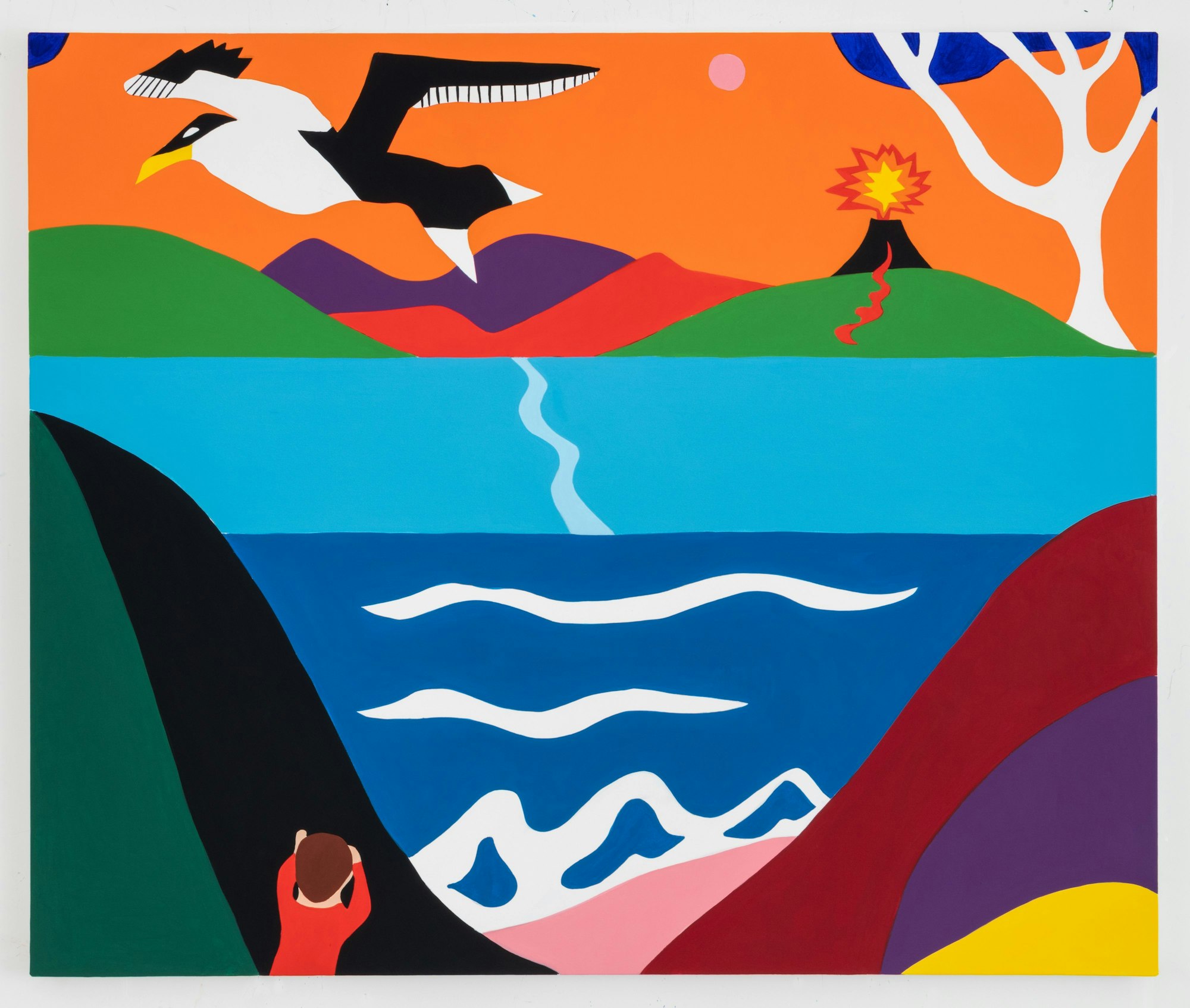 Das Gemälde von James Ulmer zeigt einen Menschen, der auf eine bunte Landschaft mit Feuer spuckendem Vulkan schaut.