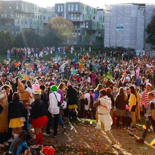 Hunderte Karnevalisten stehen am 11.11. auf einer Wiese vor der Universität.