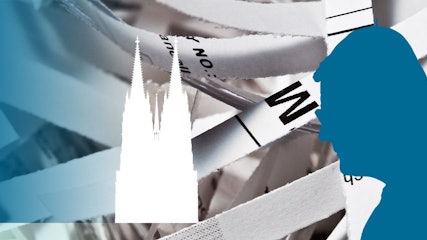 Ein Schattenriss zeigt Kardinal Rainer Woelki im Profil, dahinter geschredderte Akten.