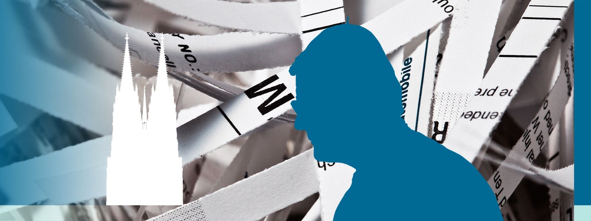 Ein Schattenriss zeigt Kardinal Rainer Woelki im Profil, dahinter geschredderte Akten.