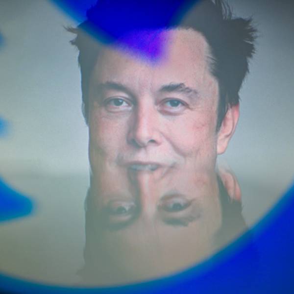 Der neue Twitter-Besitzer Elon Musk blickt durch das Twitter-Logo mit dem markanten blauen Vogel. (Symbolbild)