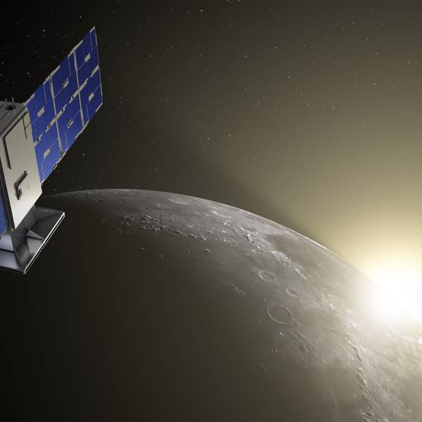 Die Illustration zeigt den Satelliten «Capstone» mit dem Mond im Hintergrund.