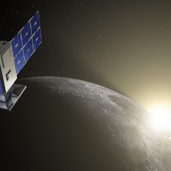 Die Illustration zeigt den Satelliten «Capstone» mit dem Mond im Hintergrund.