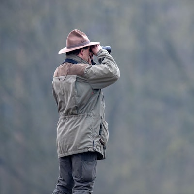 Ein Ranger schaut durch ein Fernglas auf eine tiefer liegende weite Waldfläche.