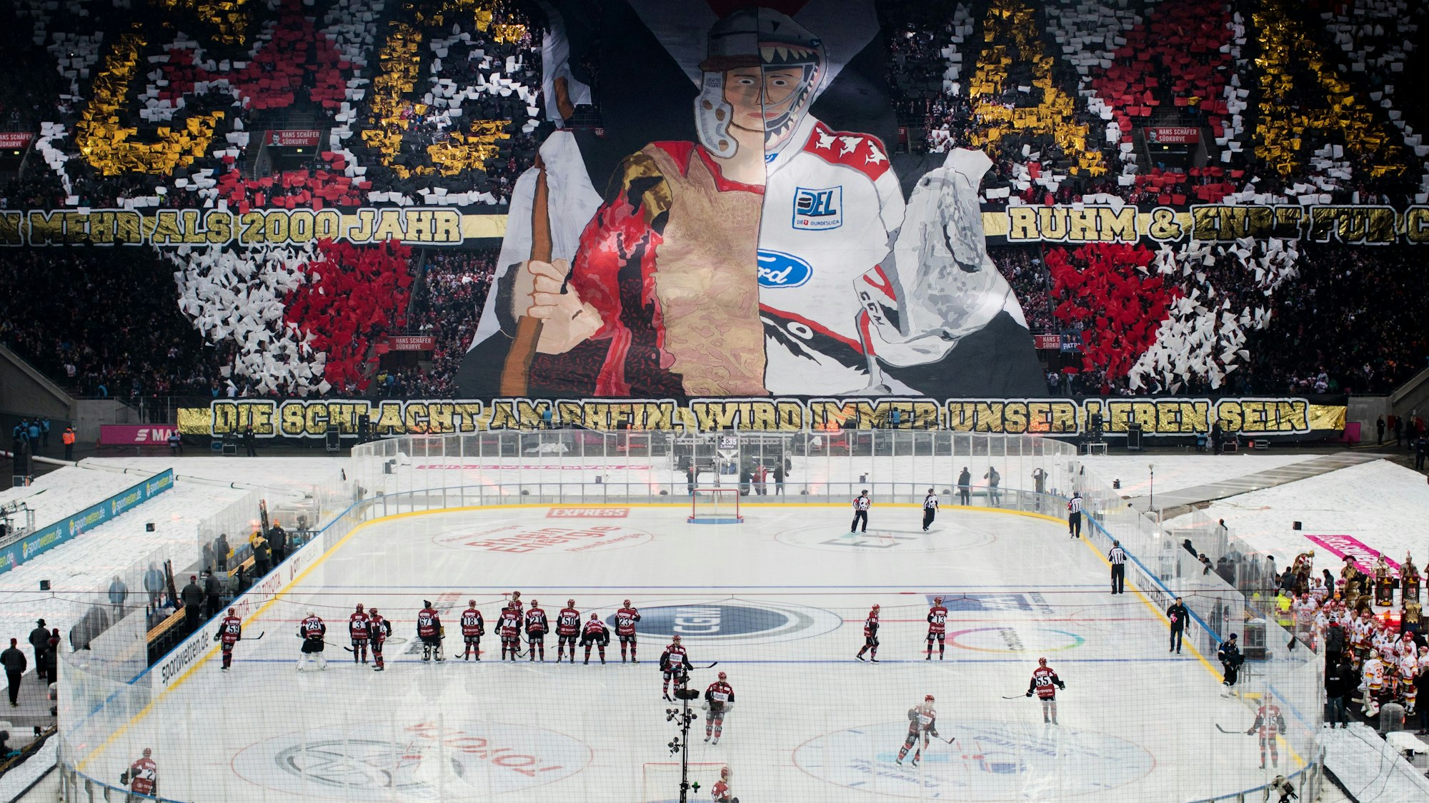 Das Rhein-Energie-Stadion in Köln als Schauplatz für ein DEL Winter Game-Spiel zwischen den Kölner Haien und der Düsseldorfer AG.