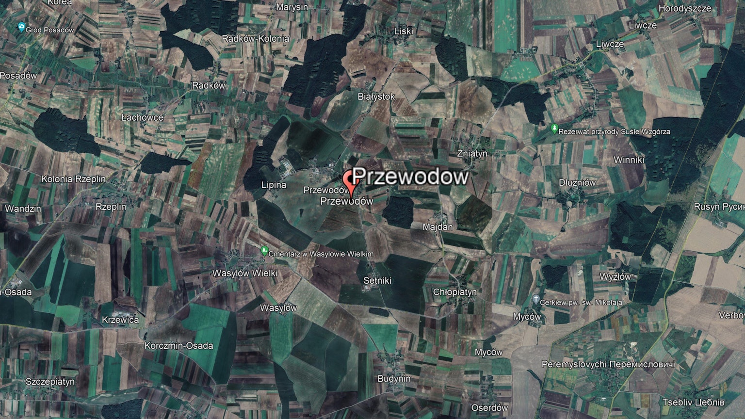 Die Google-Earth-Luftaufnahme zeigt die Region um den Ort Przewodow in Polen nahe der Grenze zur Ukraine (rechts).